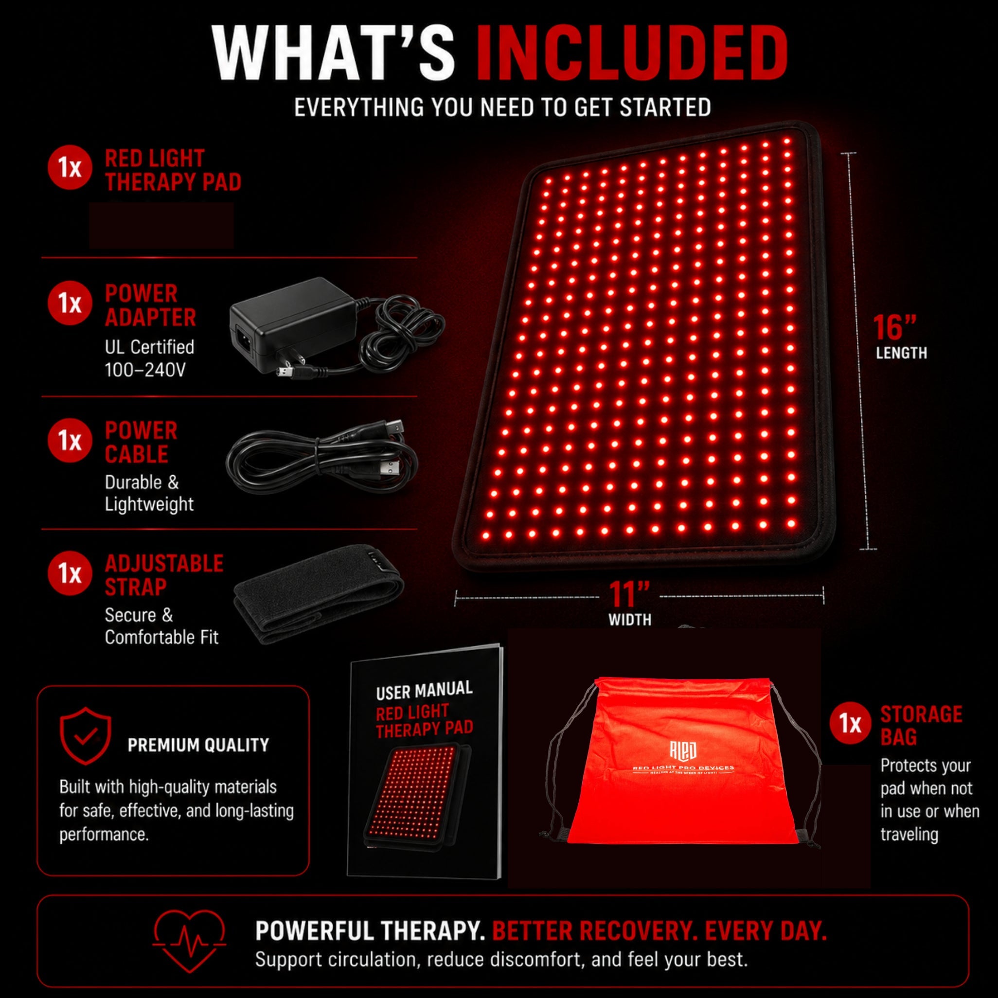 Medium Red Light Pad for Pain Relief & Recovery | 16" x 11" | 1188 LEDs + 12V Car Adapter